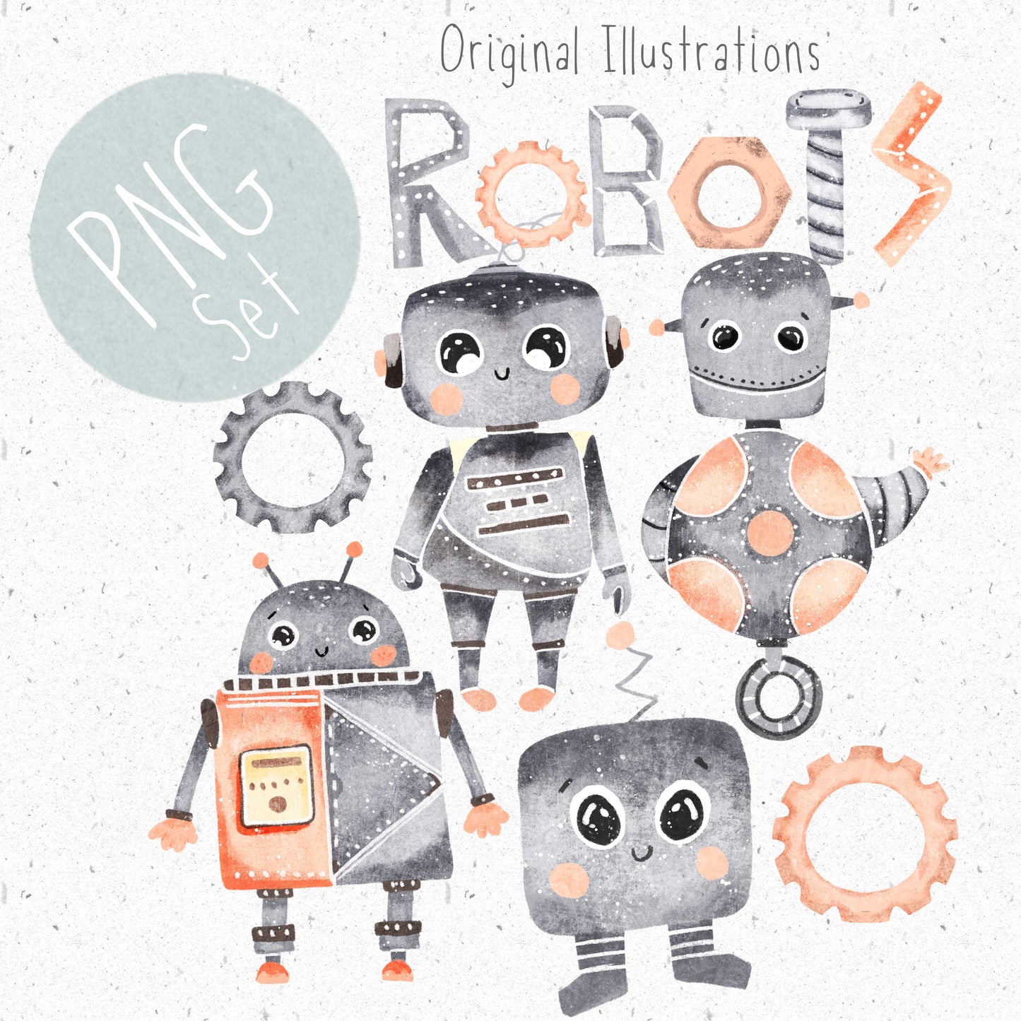 7 Piece Robot PNG Set