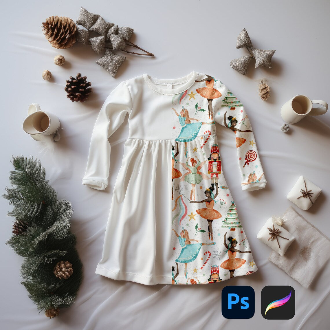 Long Sleeved Christmas Pine Dress Mock-up