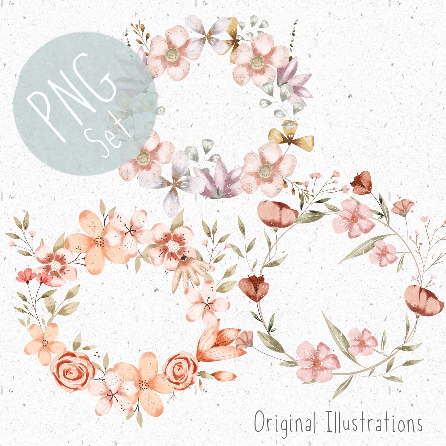 3 Floral Wreaths PNG Set