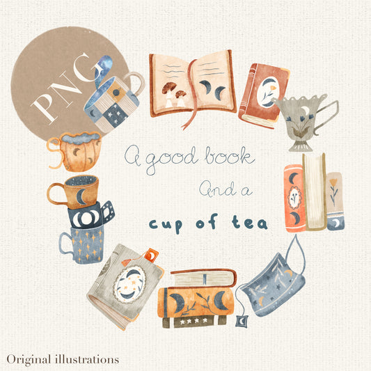 A cup of tea & a good book PNG